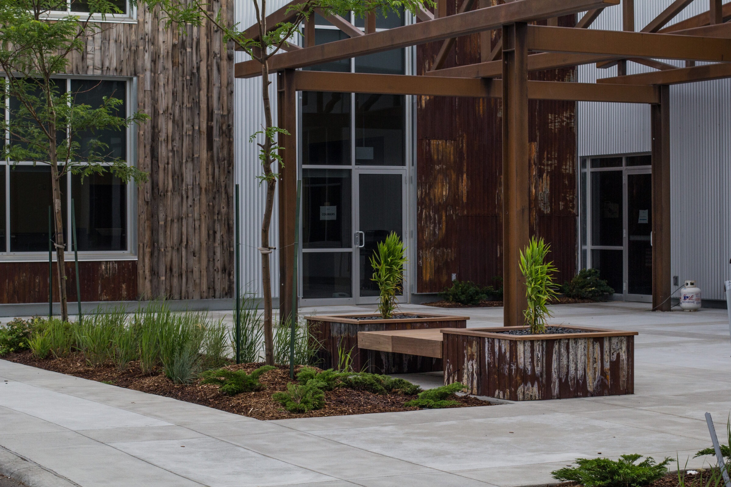 Modern courtyard with wooden planters and young trees, surrounded by a rustic building with metal cladding and large glass windows.