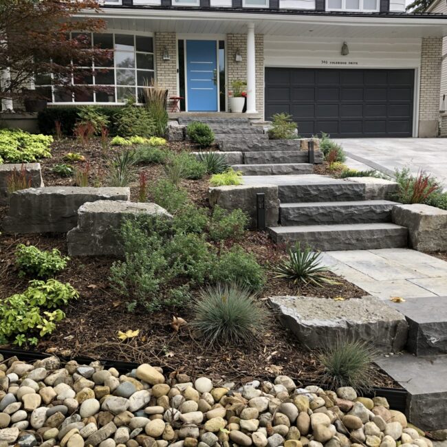 Modern house with blue door, stone steps, and landscaped garden featuring rocks and plants. No recognizable landmarks or historical buildings present.