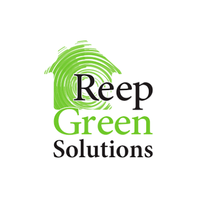 Logo with green house-shaped fingerprint, featuring the text "Reep Green Solutions." Emphasizes eco-friendly initiatives and sustainable living. Simple and impactful design.