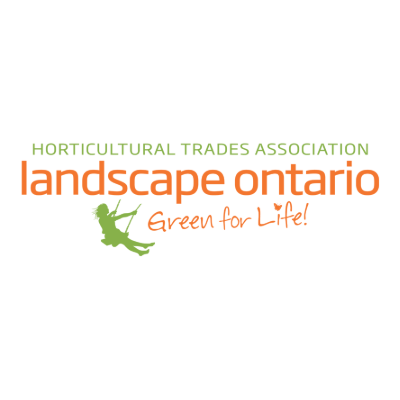 Brand logo for Landscape Ontario Horticultural Trades Association, featuring green silhouette of a swinging person, with slogan "Green for Life!" in orange.