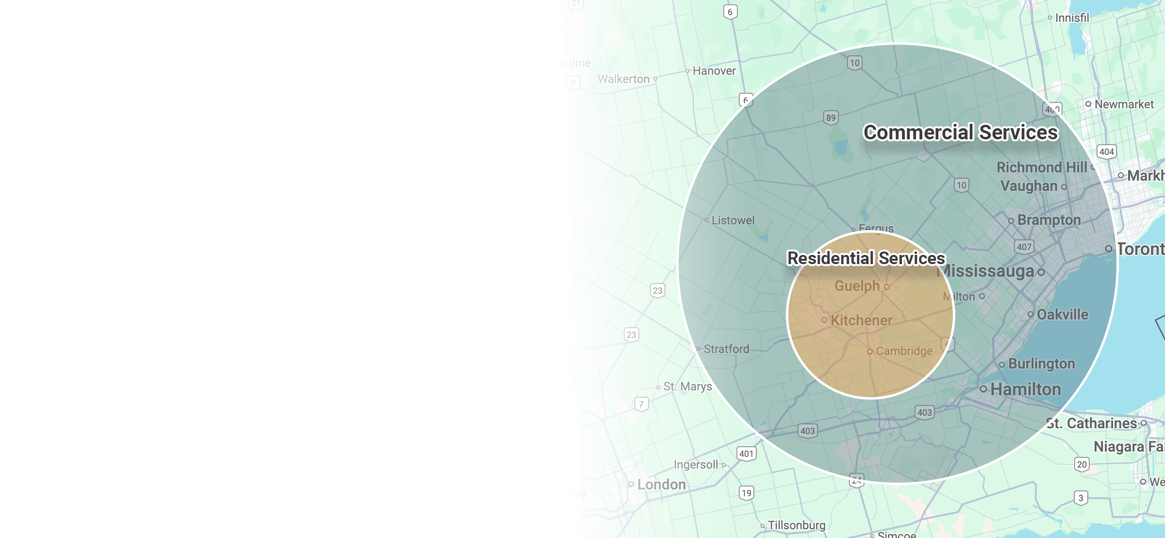 Map highlighting Ontario with circles for Commercial and Residential Services, centered around Toronto and surrounding cities like Hamilton and Guelph.