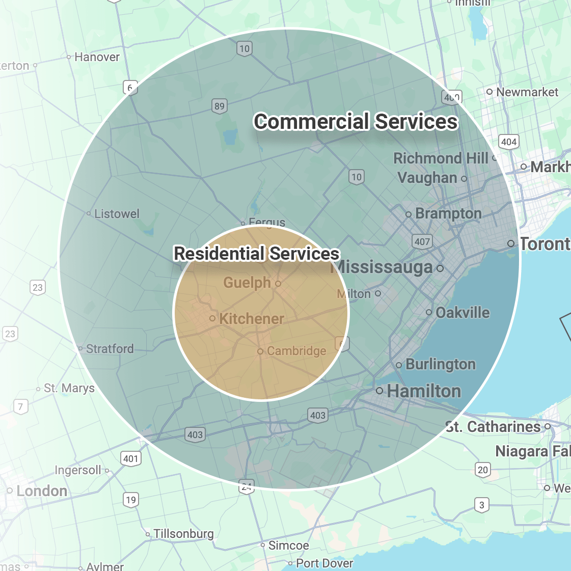 Map showing service areas around Guelph and Kitchener in Ontario. Residential and commercial zones are highlighted, extending towards Toronto and London.