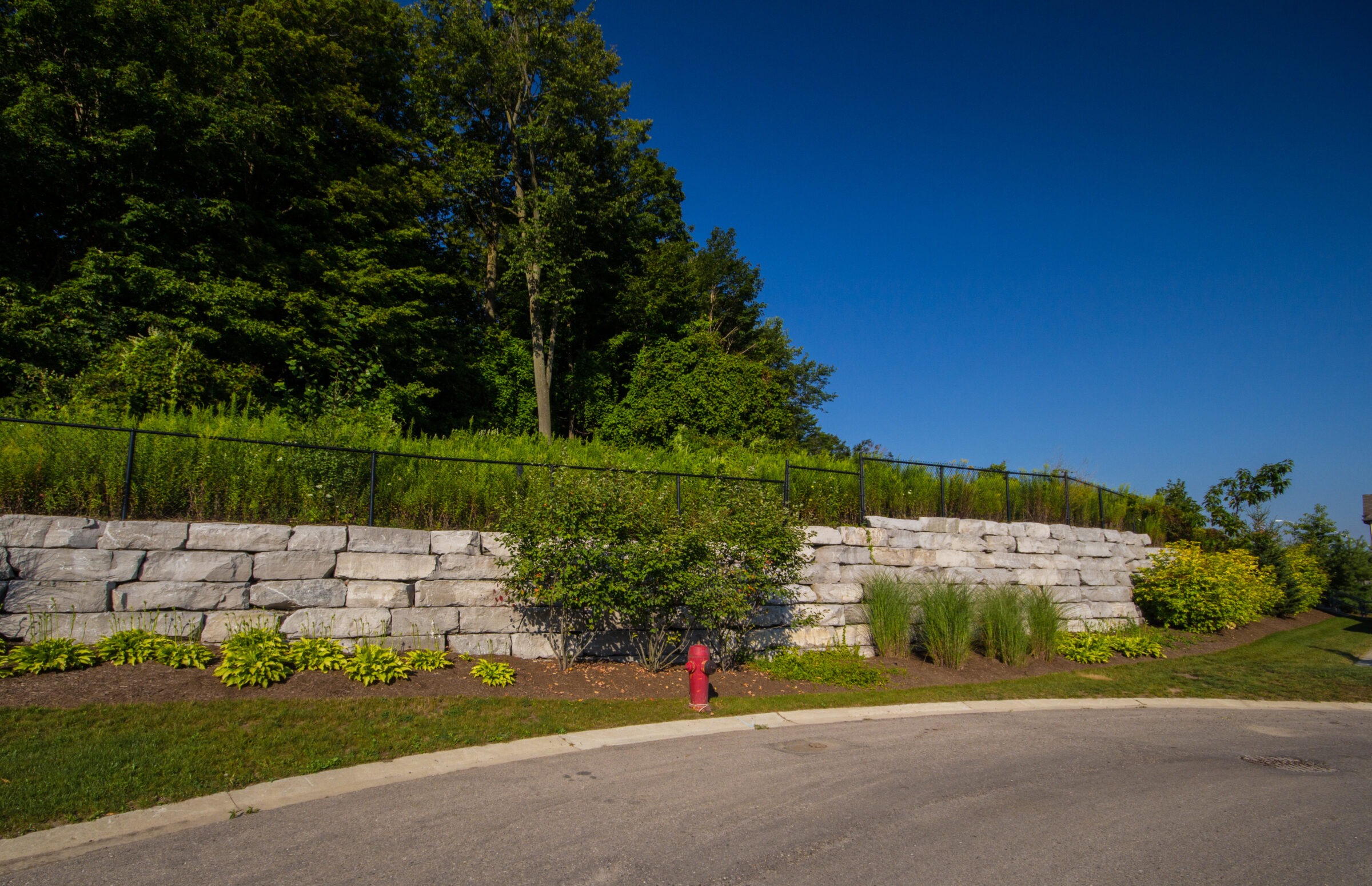 A stone retaining wall with lush greenery and a red fire hydrant under a clear blue sky in a suburban setting.