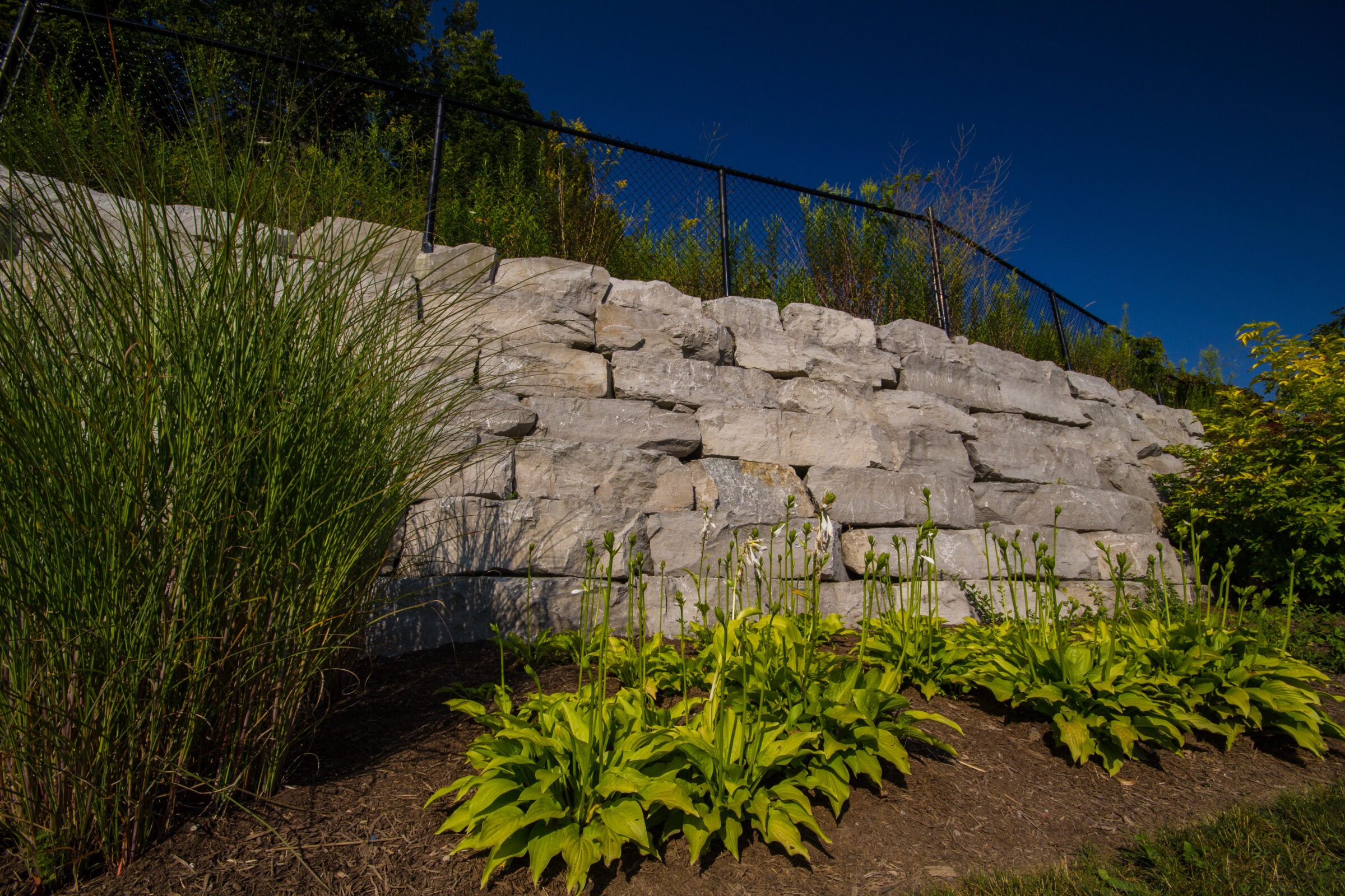 Stone retaining wall with metal fence, surrounded by lush green plants and a bright blue sky, suggesting a landscaped garden setting.