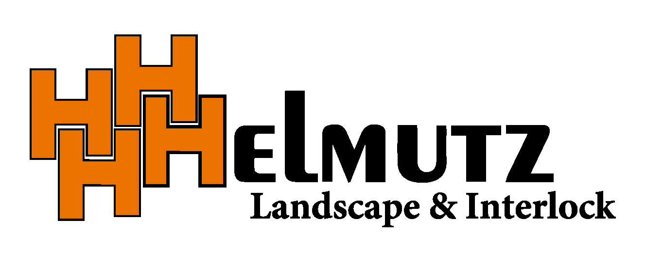 Logo with orange interlocking shapes and bold black text: "Helmutz Landscape & Interlock." Clean, modern design emphasizing landscaping services. No landmarks visible.