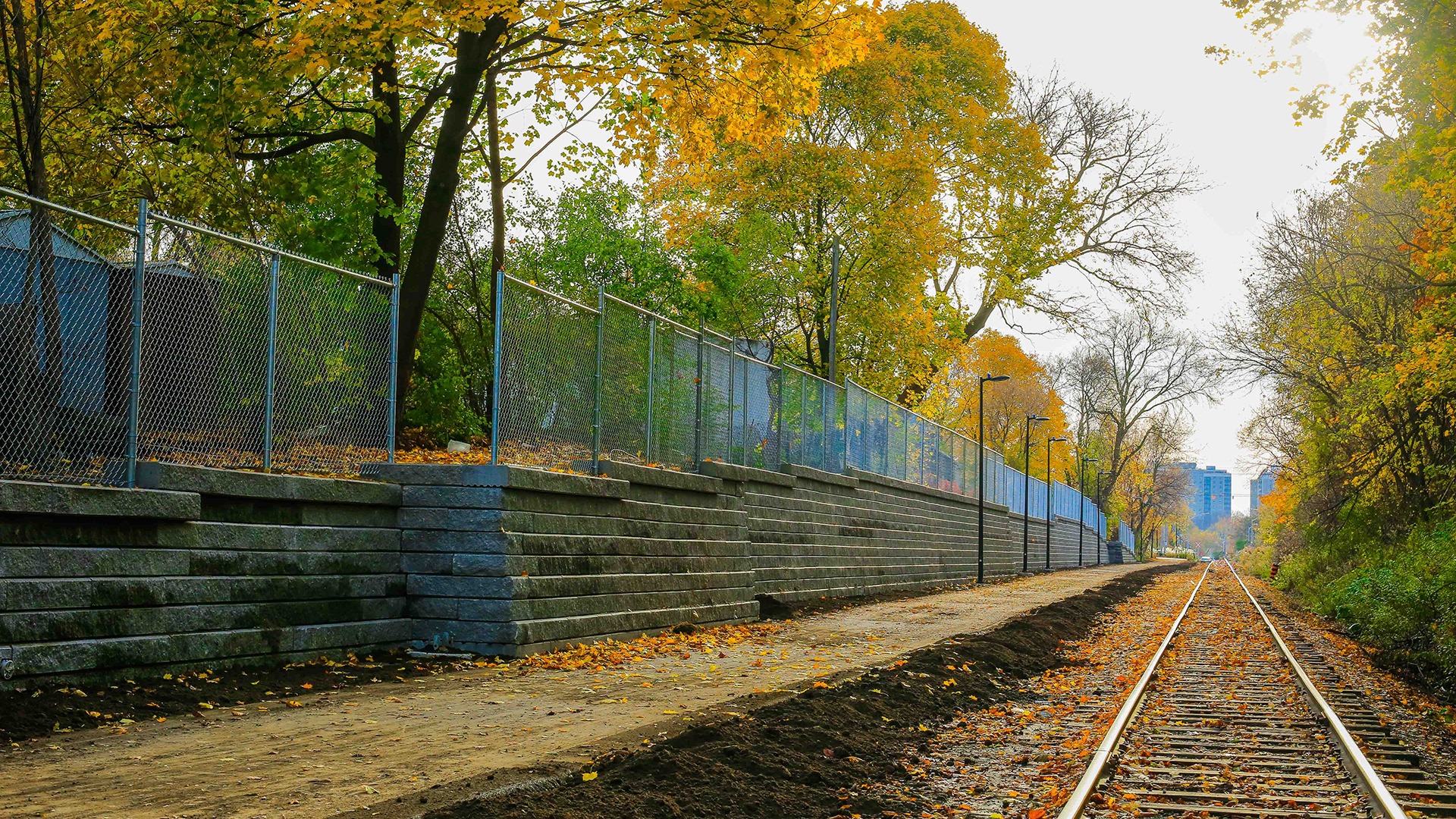 Railroad tracks lined with autumn trees and a chain-link fence, leading towards a distant city skyline under a clear sky.