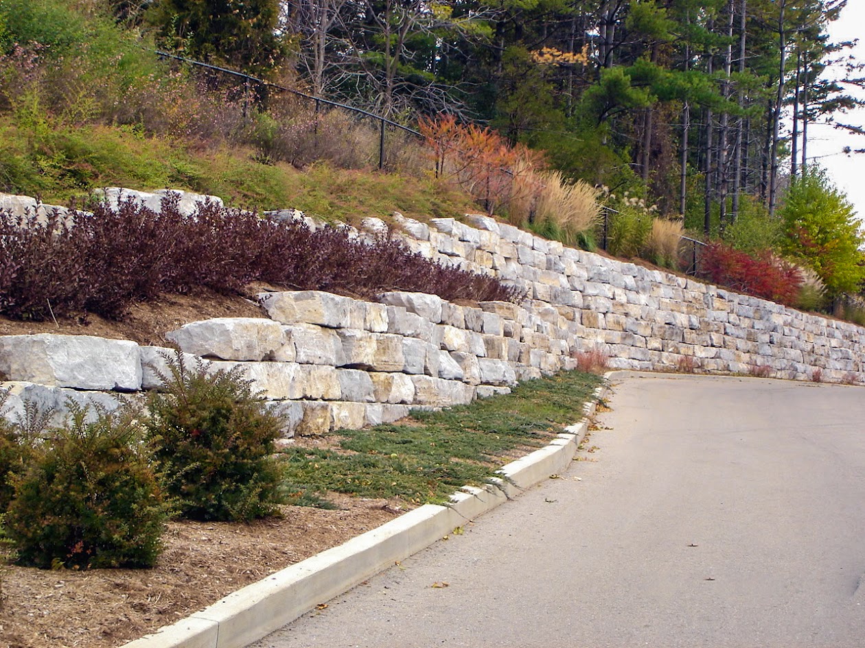 A retaining wall with colourful plant life and a pathway.