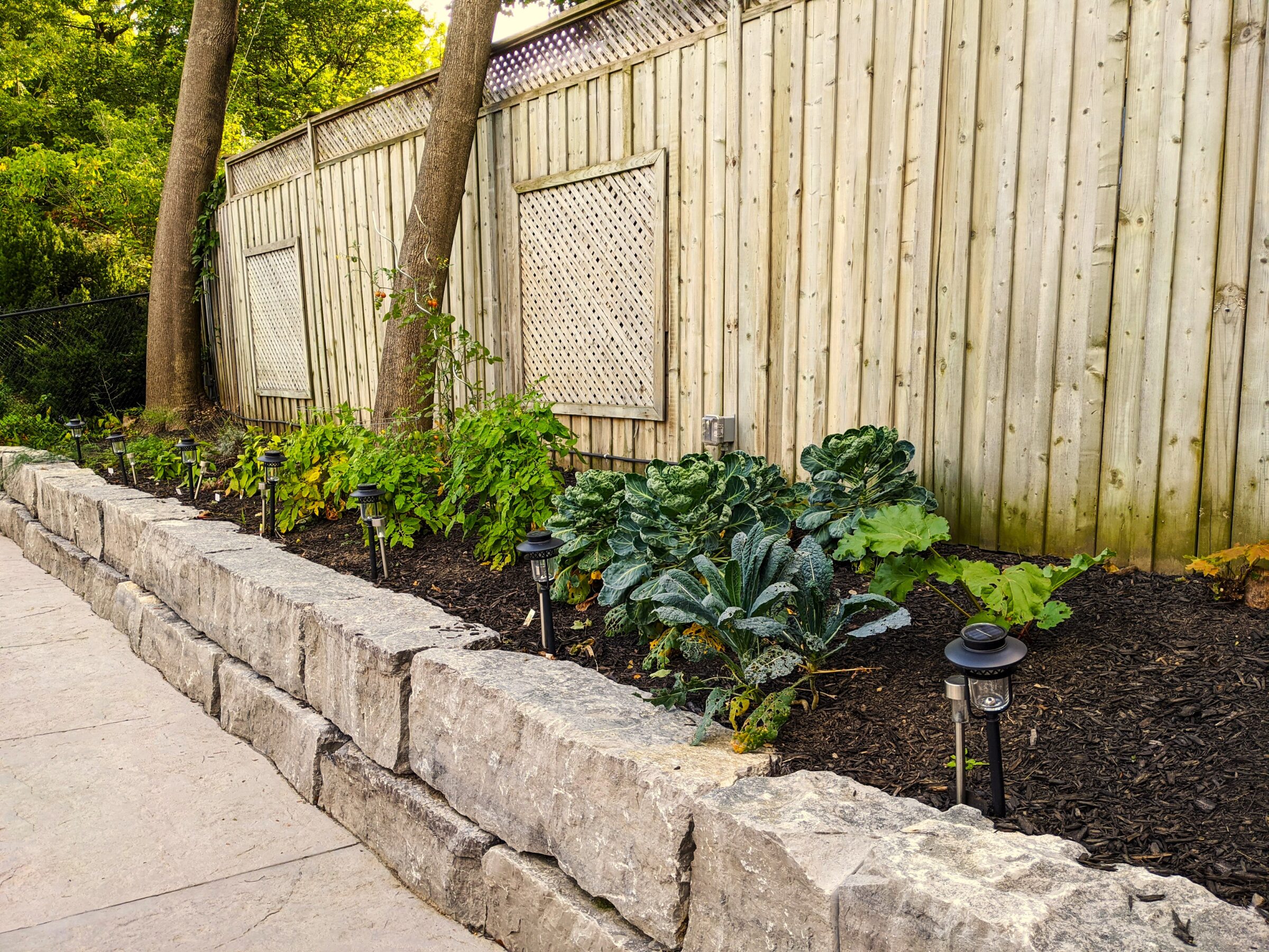 Vegetable garden bordered by natural stone retaining wall.