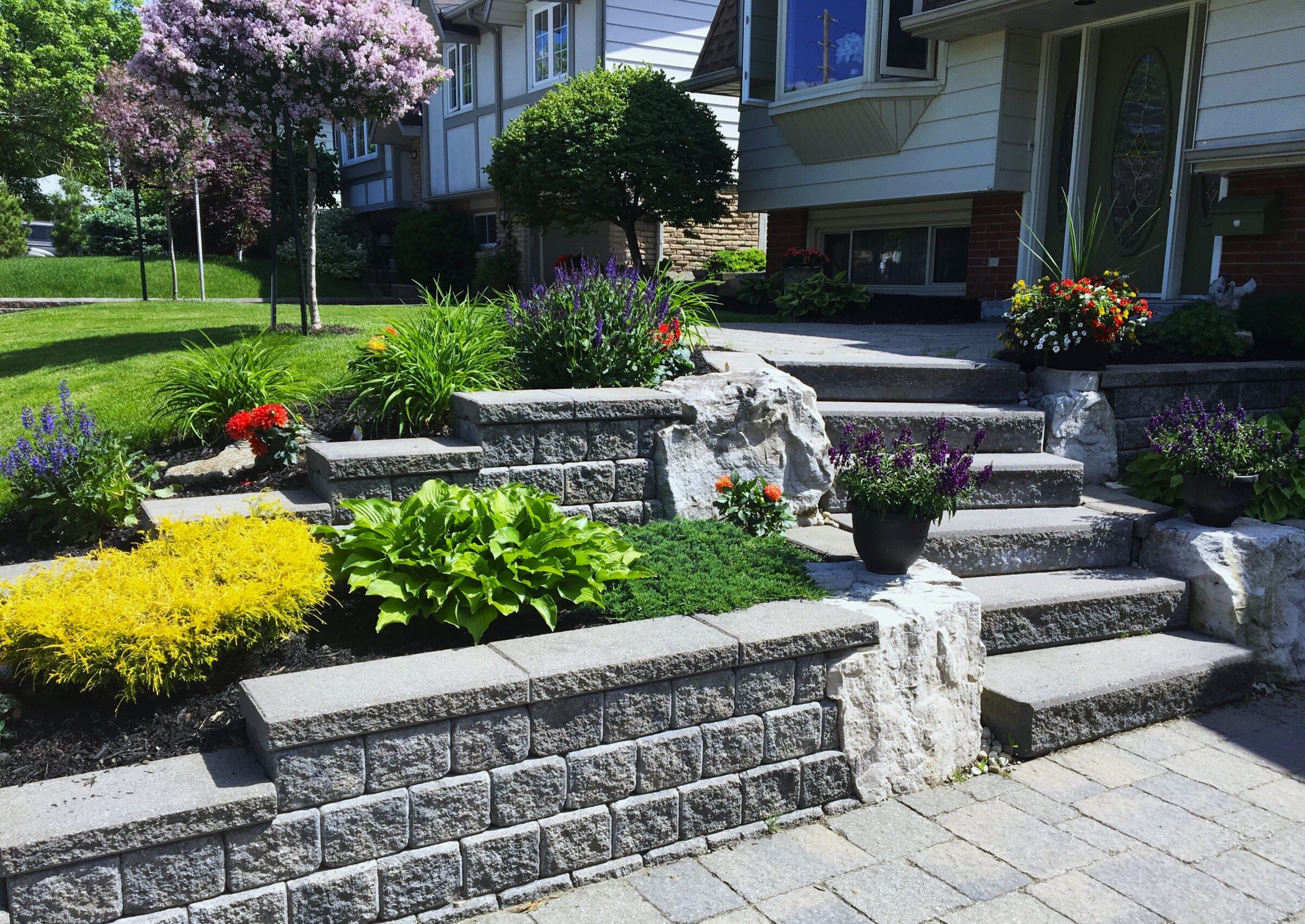 Front yard steps with stone retaining walls and colorful planters.