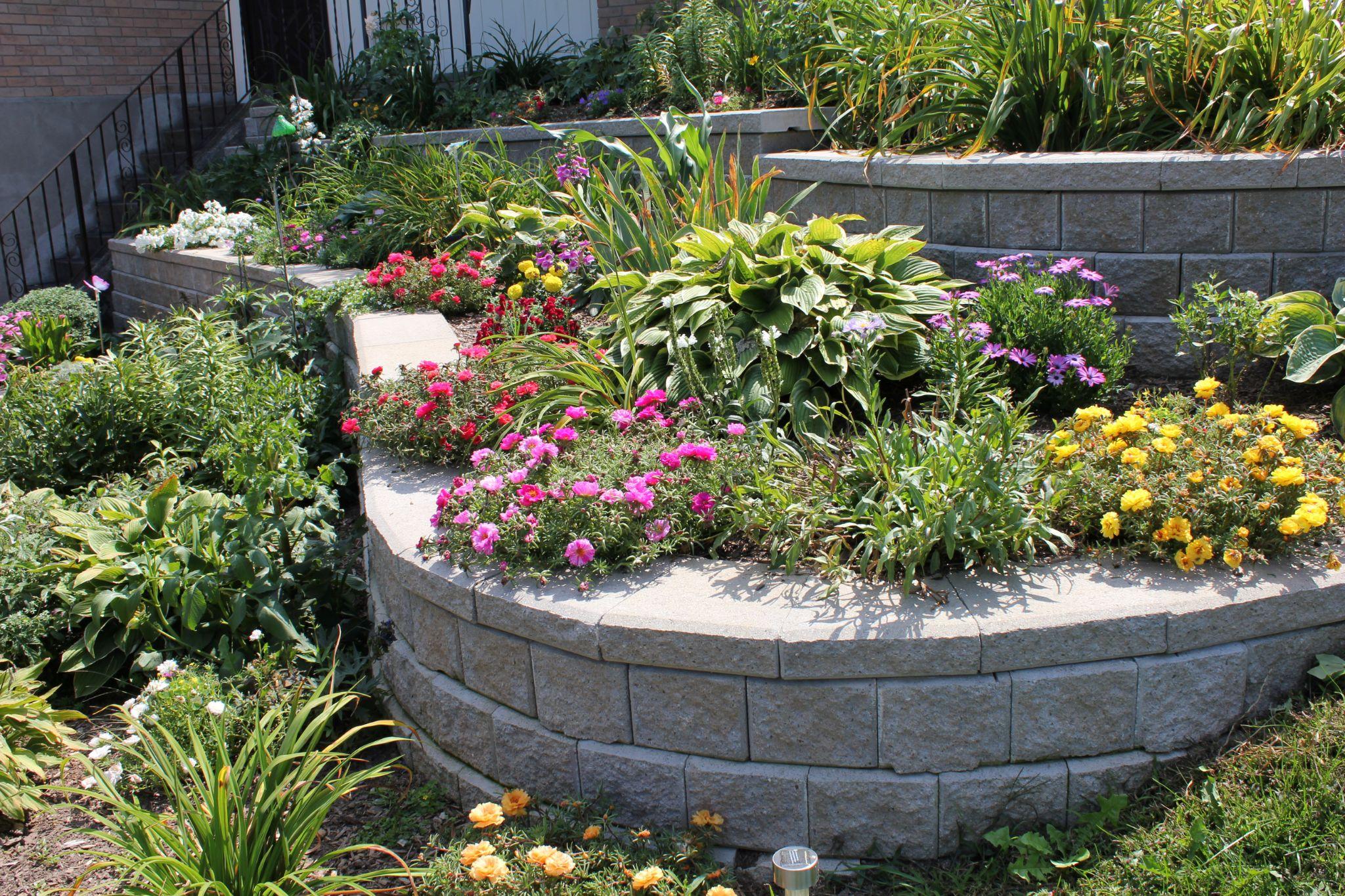 Curved raised garden bed retaining wall with concrete blocks and colourful perennial flowers.